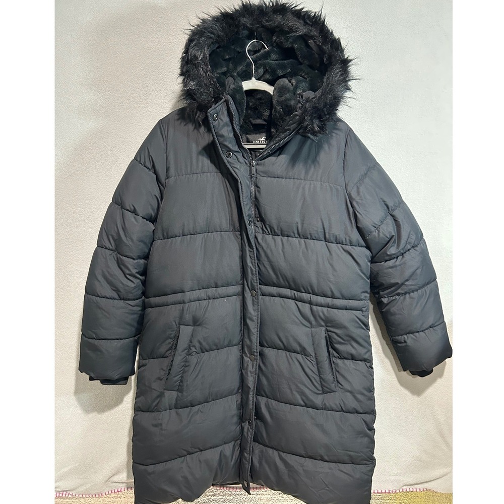 Hollister Puffer Jacket Women XL Black Faux Fur Hood Longline Parka Coat